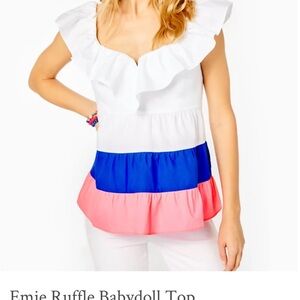 Lily Pulitzer new Emie  Ruffle Baby doll top, pink and blue, size 8